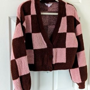 Cropped Checkered Cardigan size Medium Pink Brown